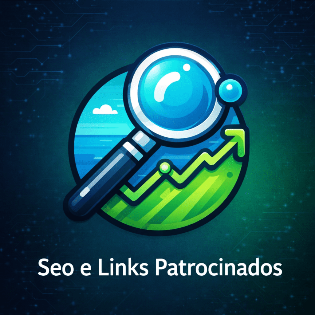 Logo da agência Seo e Links Patrocinados com ícone de lupa e gráfico de crescimento sobre fundo tecnológico azul e verde.