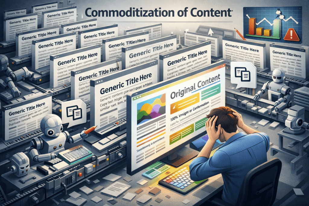 Imagem ilustrativa sobre comoditização do conteúdo no SEO e seu impacto na visibilidade de sites