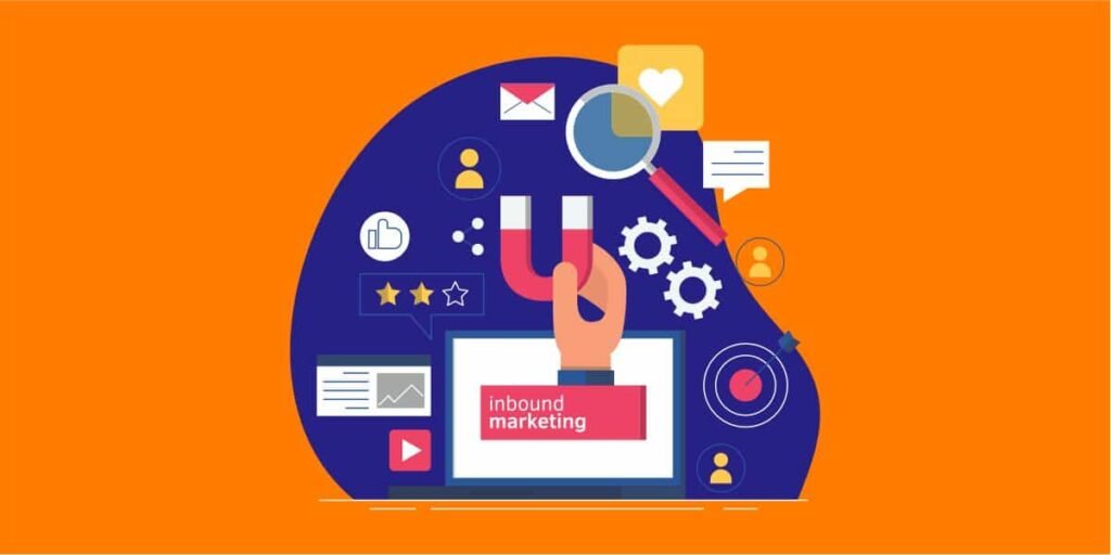 Ilustração representando Inbound Marketing com elementos como conteúdo, leads e clientes