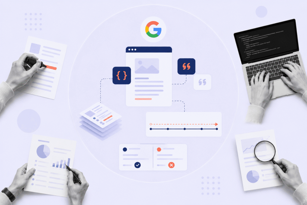 Ilustração sobre schema markup e SEO em um contexto de citações de inteligência artificial.